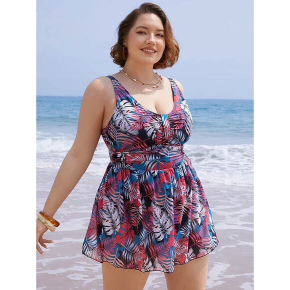 Size 22 - 24 • 3x • BloomChic Plant Contrast Ruffle Hem A Line Ruched Swim Dress - Picture 1 of 8